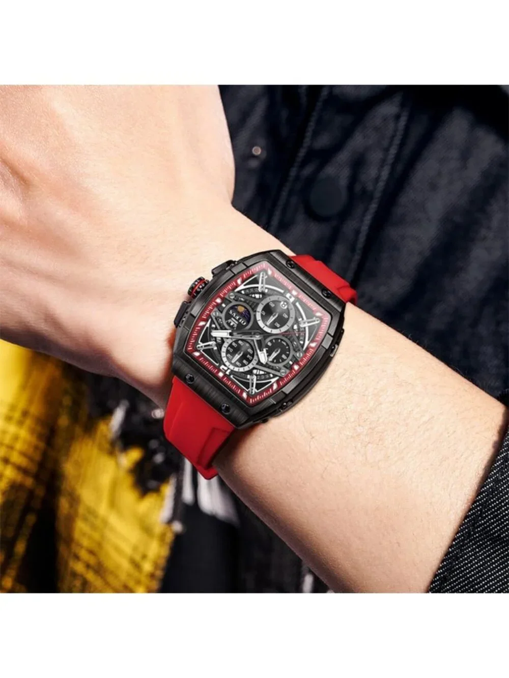 Men's Red Chronograph Big Square Analog Silicone Strap Waterproof Wrist Watch